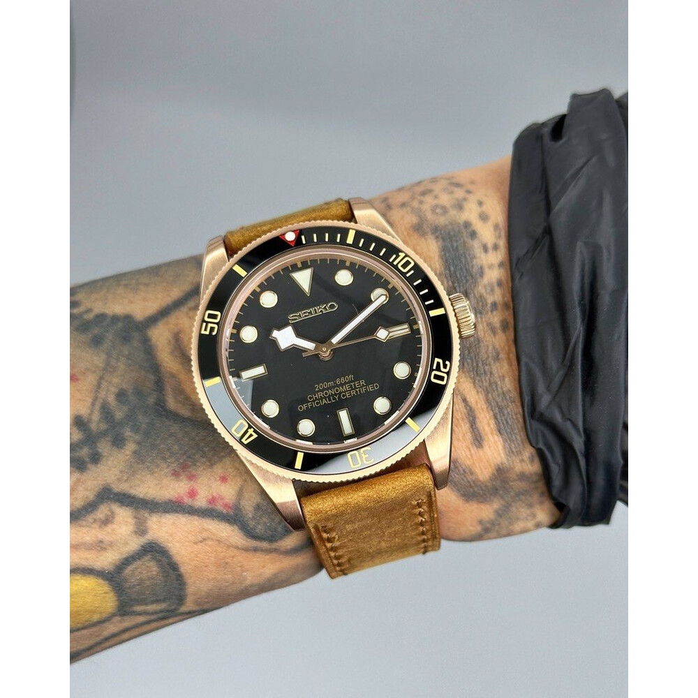 Custom Seiko Mod Rose Gold BB58 on leather strap 39mm E S Watches